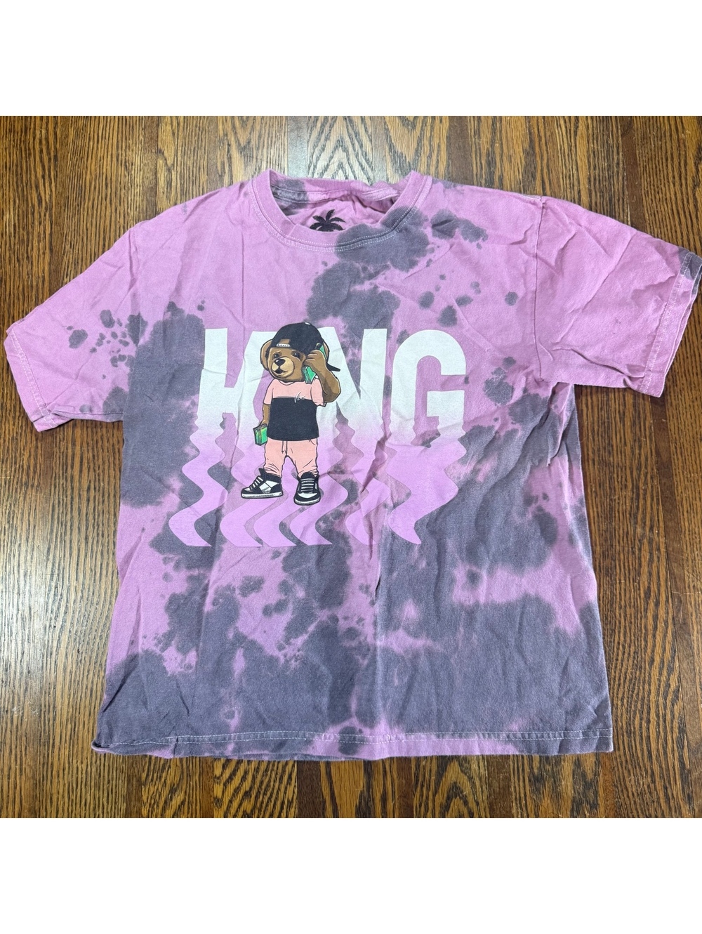 Vibes Boys Medium Pink Purple Tie Dye Streetwear King Drip Bear Graphic T-Shirt